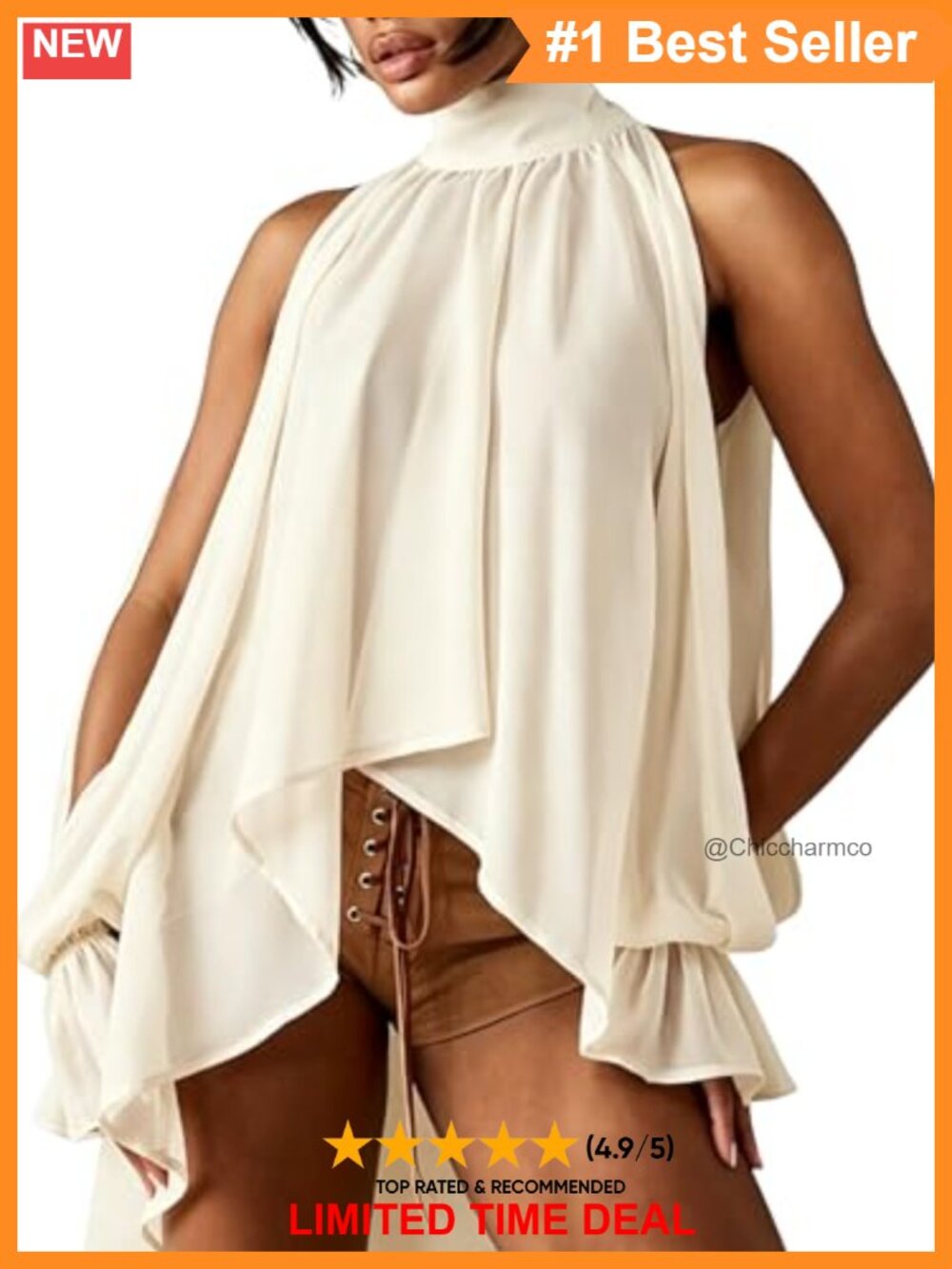 Sheer Chiffon Halter Blouse Asymmetrical Ruffle Bishop Sleeve Top